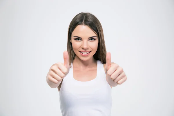 Gelukkig mooie vrouw duimen opdagen — Stockfoto