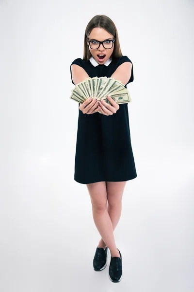 Glada kvinnlig student håller dollarsedlar — Stockfoto