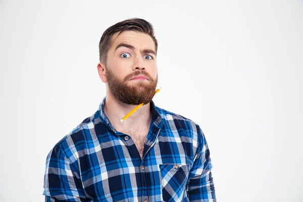 Funny man with pencil in beard — Stock Photo, Image