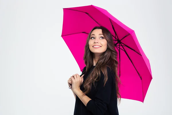 Mooie vrouw holding paraplu en opzoeken — Stockfoto