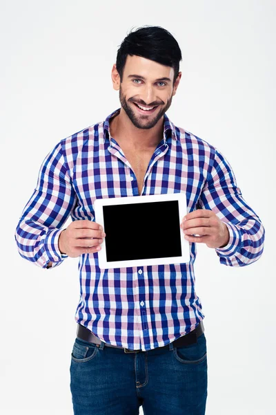 Portret uśmiechający się ekranu komputera typu tablet wyświetlone człowieka — Zdjęcie stockowe