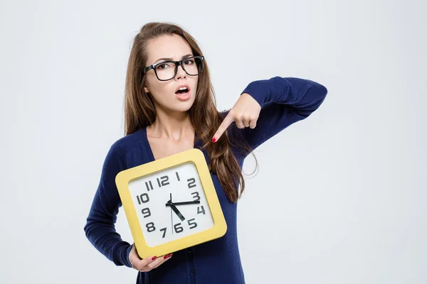 Woman pointing finger on wall clock — Stock Photo, Image