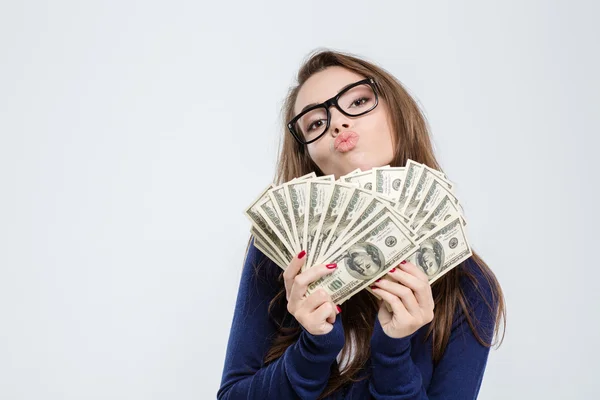 Woman holding bills of dollar — Stock Photo, Image