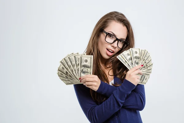 Mujer sosteniendo billetes de dólar —  Fotos de Stock