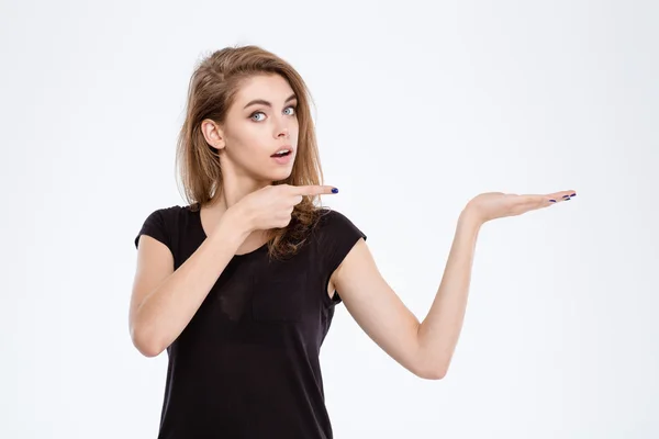 Woman holding copyspace on the palm — Stock Photo, Image