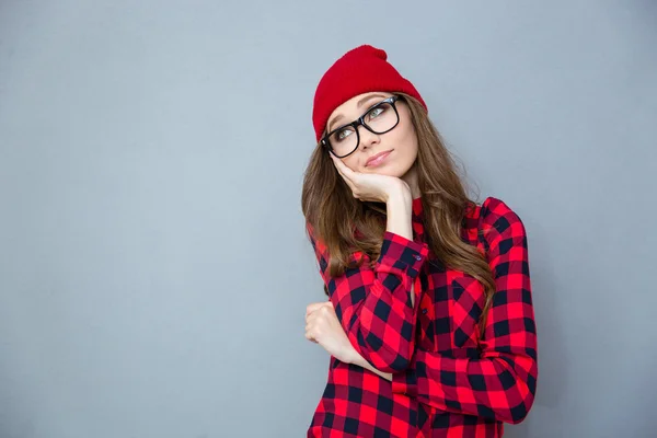 Pensive woman looking up at copyspace — Stock Photo, Image