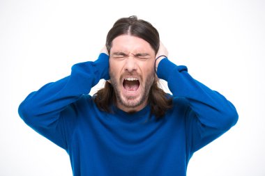 Umutsuz adamın elleri ve çığlık kulaklarından kapalı