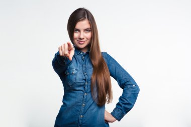 Mutlu kadın işaret parmak kamera