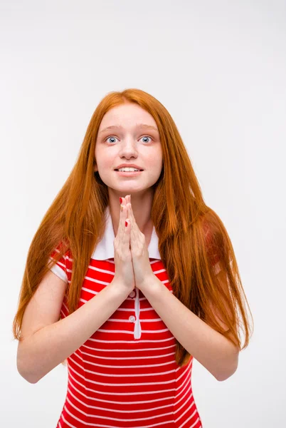 Portrait of begging excited pretty young woman — Stock fotografie