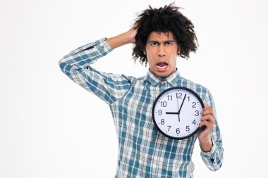 Shocked afro american man holding wall clock