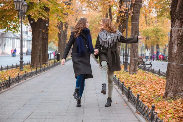 Two girlfriends walking in autumn park — Stock Photo, Image