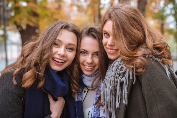 Smiling girlfriends standing in autumn park — Stock Photo, Image