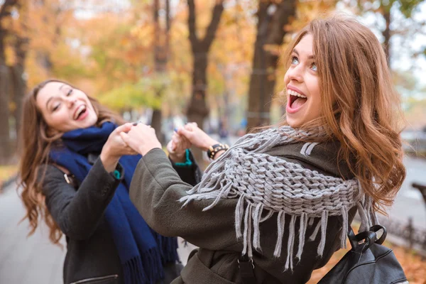 Cheerful girlfriends having fun in autumn park — Stock Photo, Image