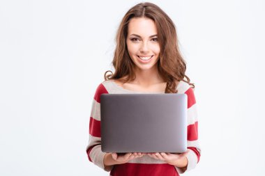 Cheerful woman using laptop computer