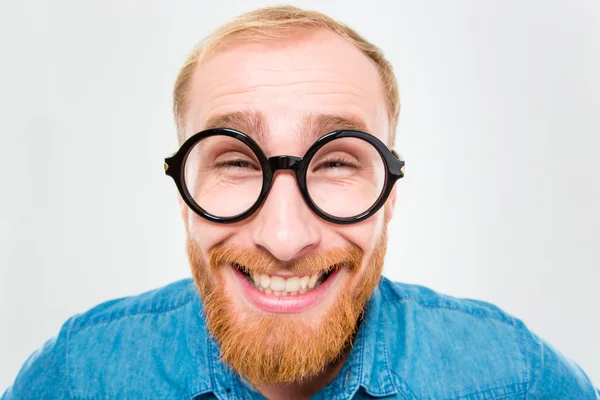 Funny cheerful bearded man in round glasses — Stock Photo, Image