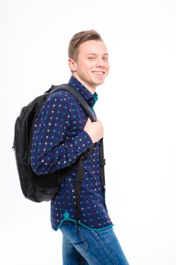 Portrait of cheeful happy young blond student with backpack clipart
