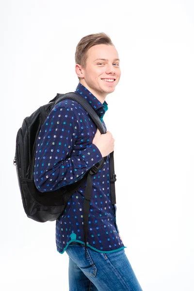 Portrait of cheeful happy young blond student with backpack — Stock Photo, Image