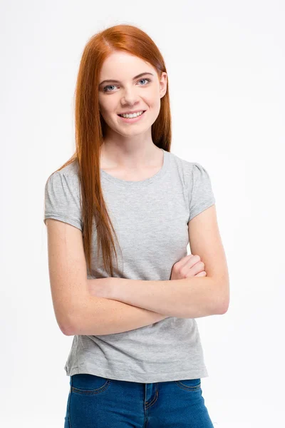 Atractiva mujer sonriente posando con las manos dobladas — Foto de Stock