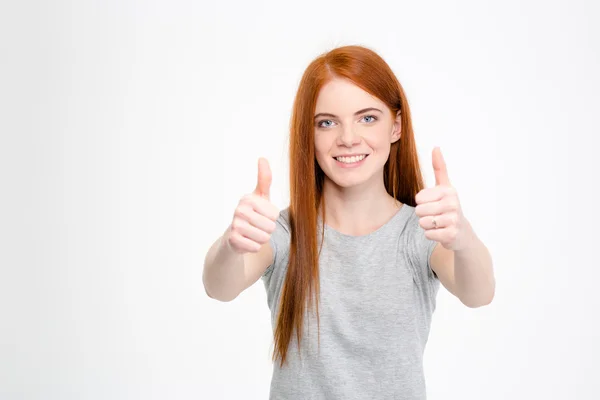 Cheerful redhead woman showing thumbs up with both hands — Stock Fotó