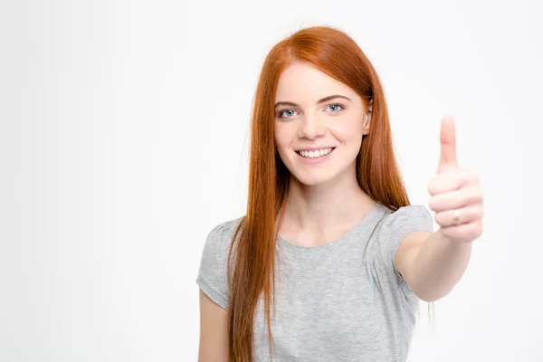 Smiling joyful beautiful girl showing thumbs up — Stock Fotó