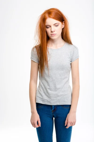 Portrait of sad exhausted young girl with long tousled hair — Stockfoto