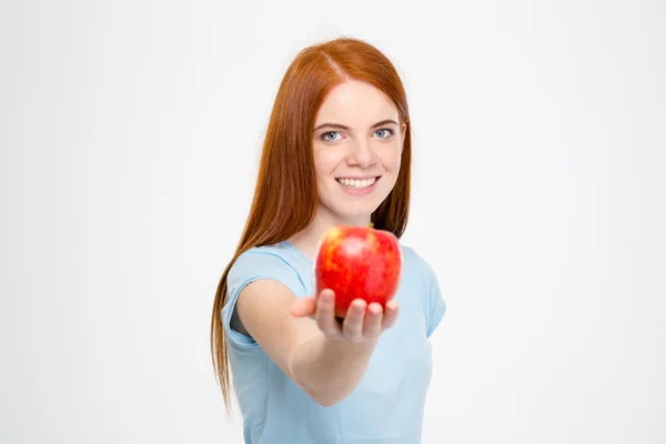 Smiling happy attractive lady holding an apple — Stock Photo, Image