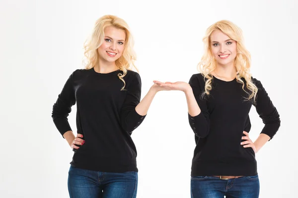 Happy sisters twins holding copyspace on the palms — Stock fotografie