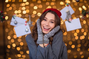 Lovely cheerful woman posing over handmade decoration and glittering background