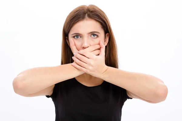 Traurig depressive junge Frau bedeckte ihren Mund mit beiden Händen — Stockfoto