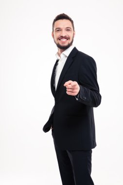 Mutlu işadamı işaret parmak kamera 