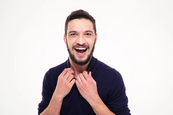 Excited attractive happy young bearded man laughing and looking camera — 스톡 사진