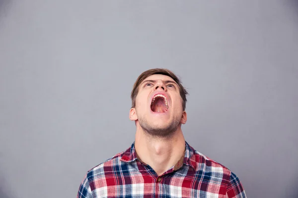 Hombre enojado desesperado en camisa a cuadros mirando hacia arriba y gritando — Foto de Stock