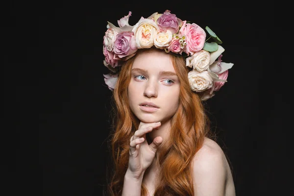 Redhead woman with wreath from flowers on head — Stock Photo, Image
