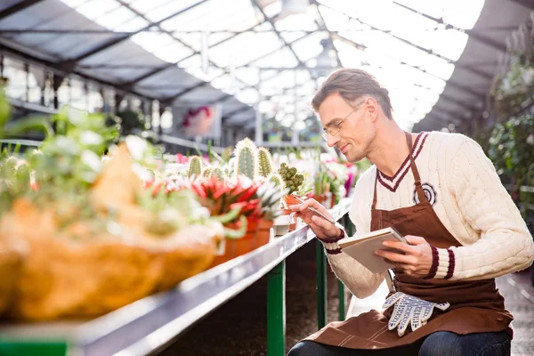 Gardener taking care of plants and making notes in notepad — ストック写真