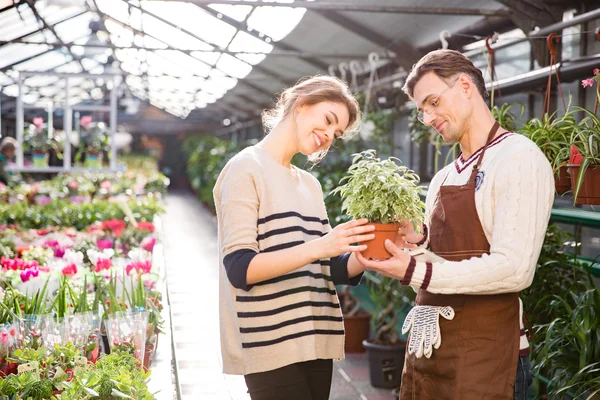 Cheerful woman with help of gardener choosing flowers in pot — 图库照片