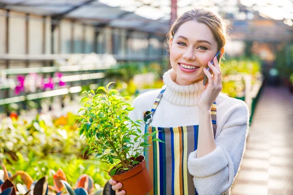 Hermosa mujer jardinero hablando por teléfono móvil en naranjería —  Fotos de Stock