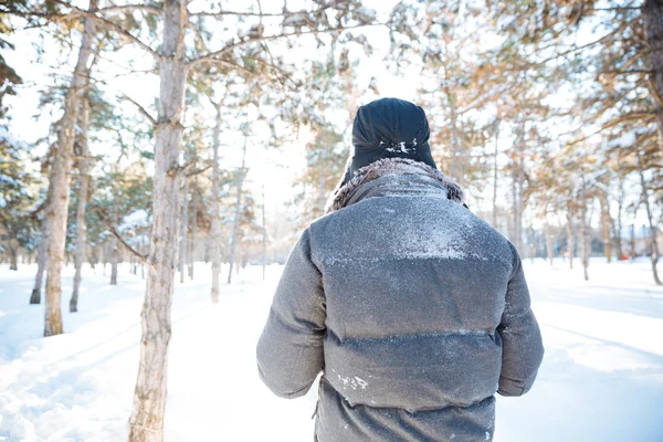 Vista trasera del hombre caminando en el parque de invierno — Foto de Stock