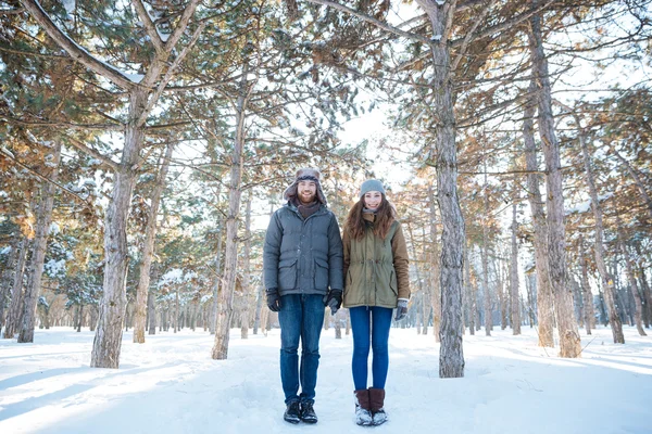 Belo casal feliz de pé no parque de inverno — Fotografia de Stock