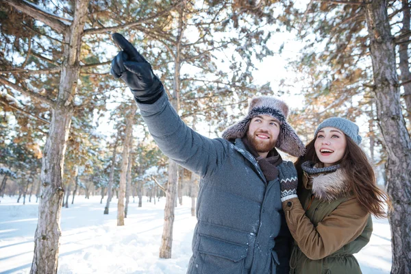 Šťastný pár ukazuje a vzhlédla ve winter parku — Stock fotografie