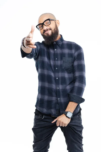 stock image Smiling cool bearded african man in glasses pointing to camera 