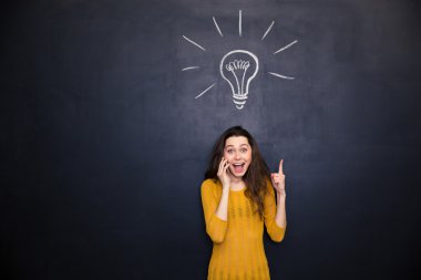 Excited woman pointing on light bulb drawn at blackboard background 