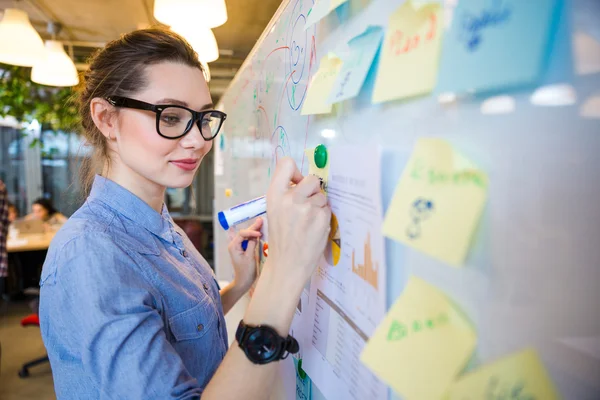 Frau schreibt Businessplan auf Whiteboard — Stockfoto