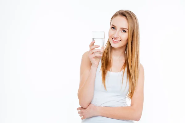 Happy cute woman holding glass with water — Stock Photo, Image