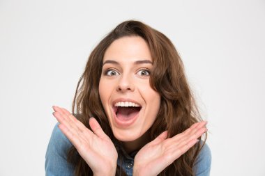 Closeup portrait of happy excited young woman  clipart