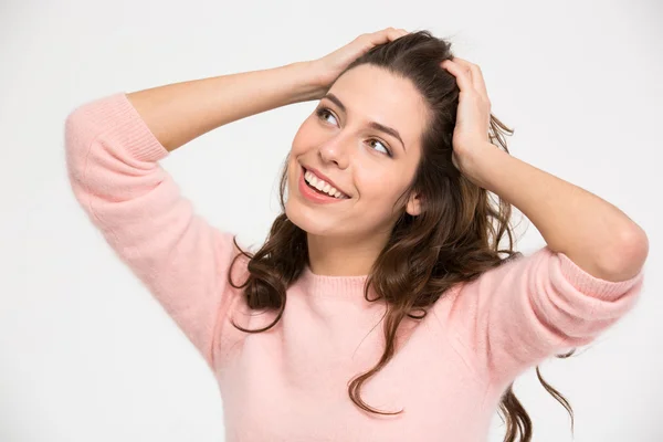 Happy thoughtful woman looking up — Stock Photo, Image