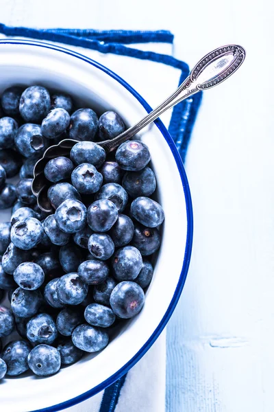 Fresh blueberry in enamel rustic bowl — Stock Photo, Image