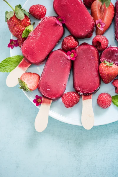 Berry popsicle from above with edible flowers — Stock Photo, Image