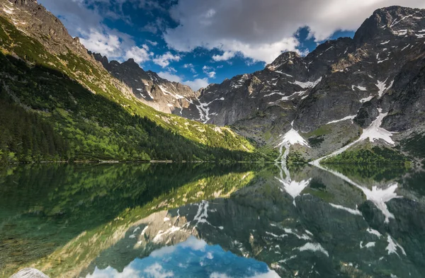 Specchio riflesso delle cime delle montagne nel lago alpino — Foto Stock