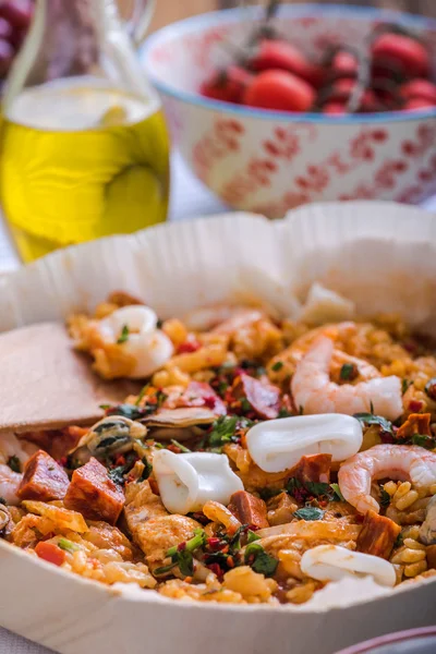 Seafood and rice traditional spanish paella — Stock Photo, Image
