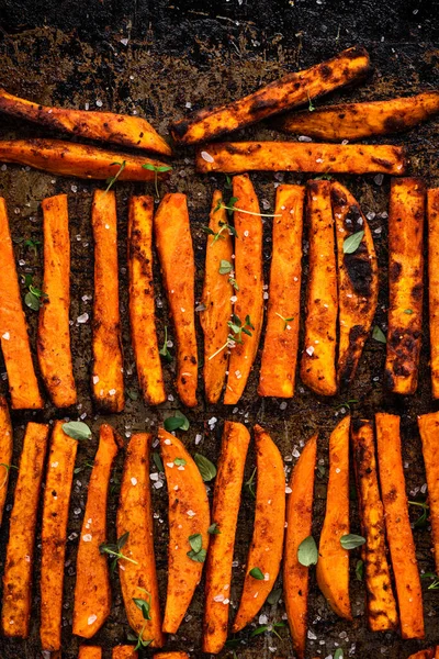 Sweet Potato Homemade Fries Chips Herbs Salt Baked Owen Potato — Stock Photo, Image